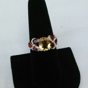 Large Citrine & Garnet Sterling Silver Band Ring